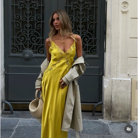 Zara Dresses & Skirts - Zara Lace-Trim Slip Satin Maxi Dress in Mustard Chartreuse Yellow